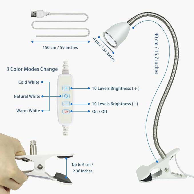 Desk lamp Eye-Caring Table Lamps, 360°Rotation Gooseneck Clip on Lamp Reading Light, Portable Reading Book Light, Clamp Light, Study Desk Lamps for Bedroom and Office Home Lighting (White with Dimme)