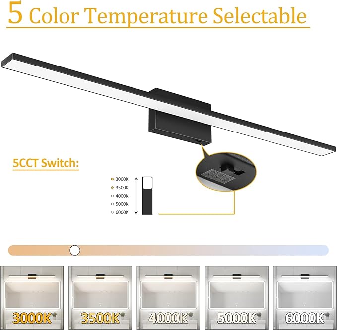 Ralbay 5 Color Temperature Dimmable Black Bathroom Vanity Light Bar 40inch 30W Acrylic LED Modern Matte Black Bathroom Wall Lighting Fixtures Over Mirror