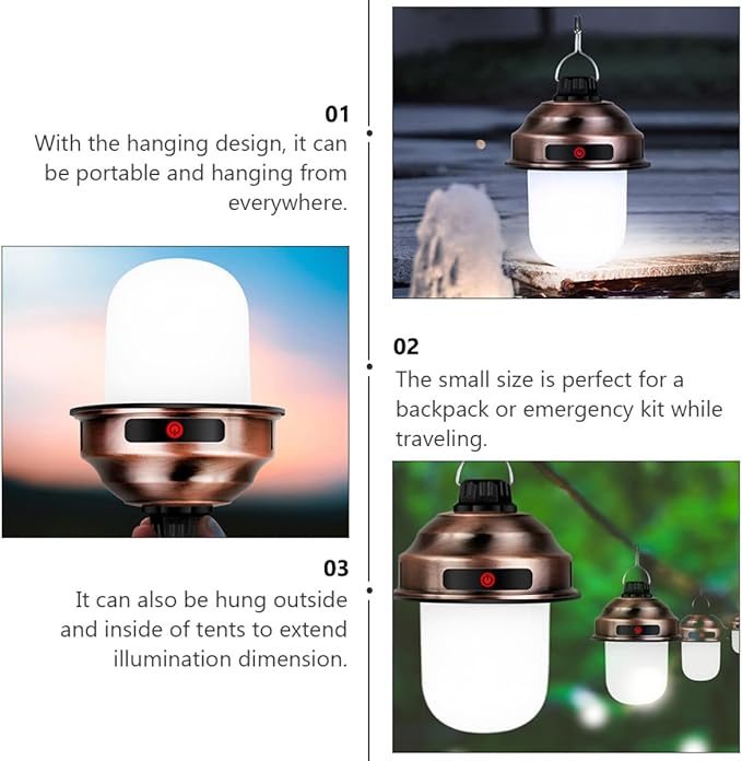 STOBAZA Rechargeable LED Camping Lantern Outdoor Portable Tent Light Super Bright Retro Copper Color for Hiking and BBQ