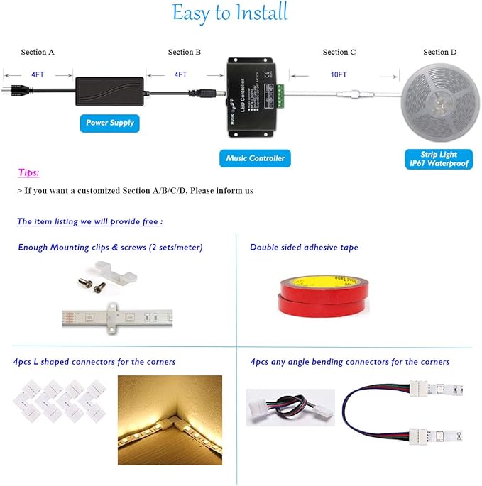 10FT 20FT 50FT 100FT 120FT 150FT 160FT 180FT 200FT 12V 60LEDs/M IP65 Waterproof RGB SMD 5050 LED Strip Light Flexible w/Music Sensed Controller & Power Supply (75)