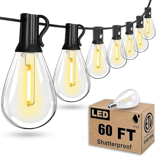 60FT Outdoor String Lights S11 LED Patio with 17 Plastic Bulbs(1 Spare),Waterproof Connectable Hanging Lights for Backyard Porch Balcony Party Decor