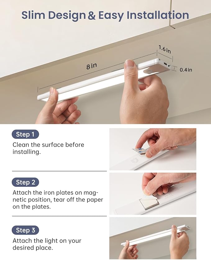 Pak 16 Inch Under Counter Cabinet Lighting, 83 LED Battery Operated Motion Sensor Light, Dimmable Closet Lights, USB Rechargeable, Wireless Magnetic Under Counter Light for Kitchen, Bathroom, 2 Packs