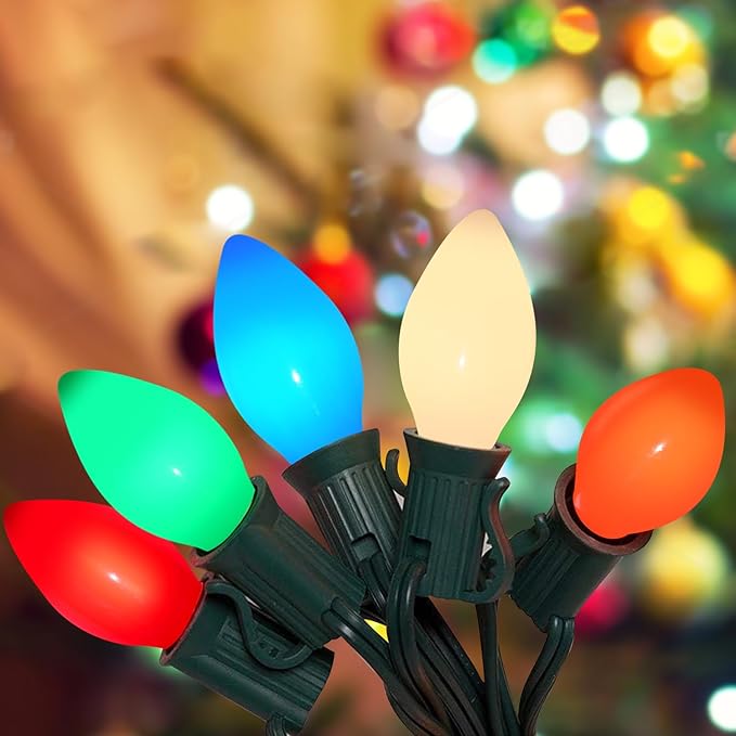 C7 LED Multicolor Christmas Lights 20Ft Outdoor String With 22 Ceramic Bulbs, Hanging Vintage Decorations for Party Indoor Outdoor, Green Wire
