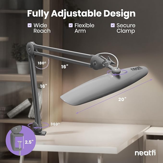 Neatfi XL LED Desk Lamp with Clamp, 2200 Lumens, 24W, 20-Inch Wide Head, Dimmable 4 Brightness Levels, Task Light for Home Office, Crafts, Workbench (Non-CCT, Silver)