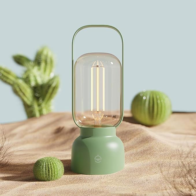 Retro Cordless Lantern Table Lamp, 40 Hours Long Lasting Dimming Night Light, Small Rechargeable Battery Operated Light for Nightstand, Decoration, Gift- Green