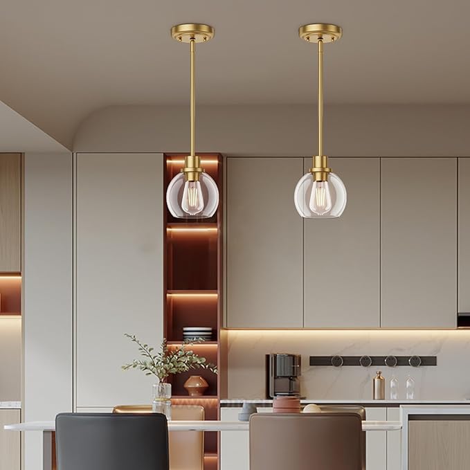 Ralbay Brushed Gold Pendant Light 2-Pack, Farmhouse Pendant Light Fixtures with Globe Clear Glass Shade, Kitchen Island Lighting for Dining Room, Rustic Adjustable Hanging Lighting Fixture