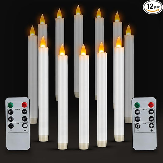 Flameless Taper Candles 10" Dripless Battery Operated Taper Candles Included Remote Timer 400+ Hours by 2AA Batteries for Halloween Christmas Wedding (White, 12 Pack)