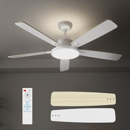 TALOYA 52 Inch White Ceiling Fans with Lights Led Back Light Remote Control Flush Mount Low Profile for Bedroom Living Room Outdoor Patio,Reversible,DC Motor,3 Color Temperatures,5 Blades