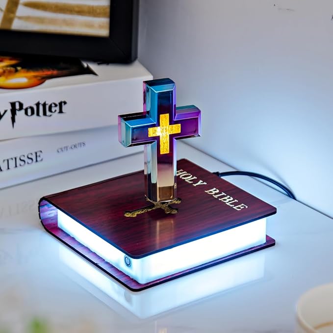 MOOCCI Levitating Cross Lamp Magnetic Floating Bible Night Light Colorful Levitation Cross Ornament with Glowing Base for Home Desk Table Decoration