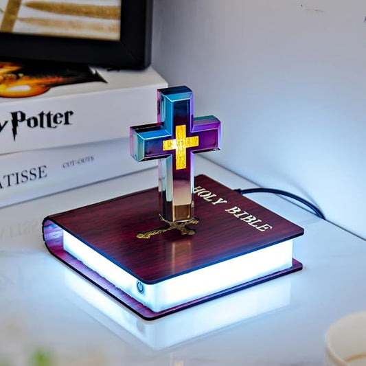 MOOCCI Levitating Cross Lamp Magnetic Floating Bible Night Light Colorful Levitation Cross Ornament with Glowing Base for Home Desk Table Decoration