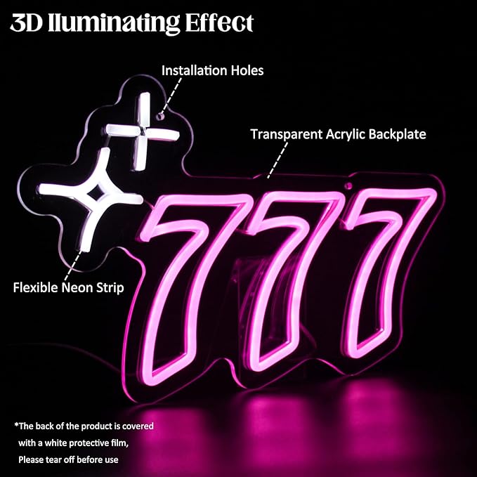 777 Neon Sign Angel Number Neon LED Sign Luck Seven Neon Lights Pink White Star Neon Signs for Wall Lucky Number LED Neon Light Up Sign Neon Light Sign for Bedroom Bar Birthday Party Decor