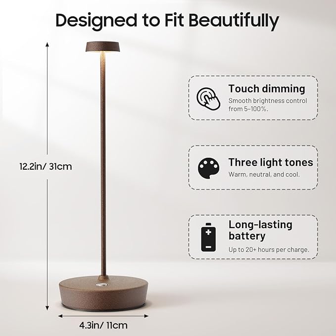 2Pack Cordless LED Table Lamp，Rechargeable Battery Desk Lamps, 3 Color Stepless Dimmable Metal Battery Table Lamps, Portable Waterproof Table Light for Indoor/Outdoor/Restaurant