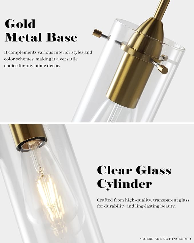 Gold Pendant Lights Kitchen Island 3 Packs, Blown Glass Pendant Light, Modern Glass Kitchen Pendant Light, Hanging Pendant Lights, Island Pendant Lights for Kitchen, Dining Living Bathroom