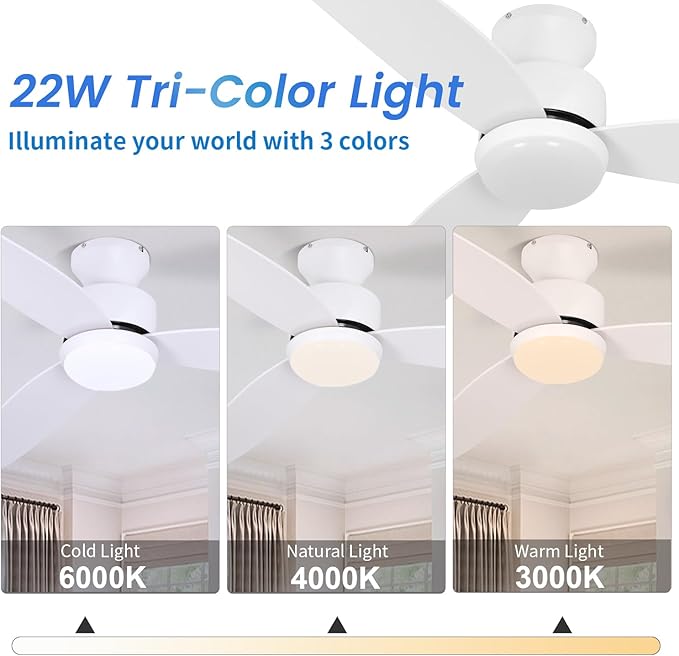 White 52 inch Ceiling Fans with Lights and Remote, 3 Blade Modern Low Profile Ceiling Fan, 6 Speeds Quiet Reversible DC Motor, 3 Color Dimmable LED Light for Bedroom Living Room Indoor Patio White