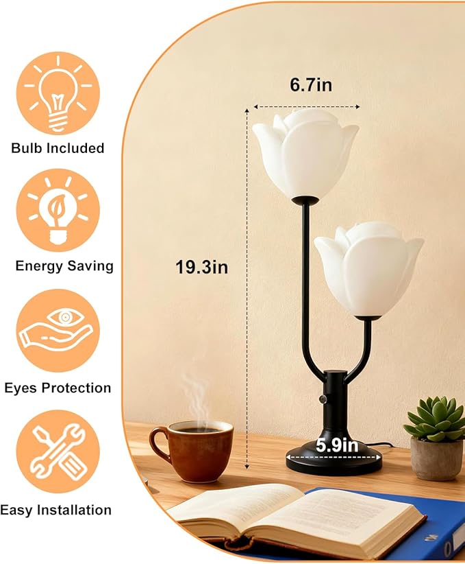 Lightdot Women Bedside Table Lamps for Bedroom, 2-Light Cute Flower Desk Lamp with Bulbs Included, 0-100% Stepless Dimmable Black Nightstand Lamp, Floral Lamp for Living Room, Home Office,Reading