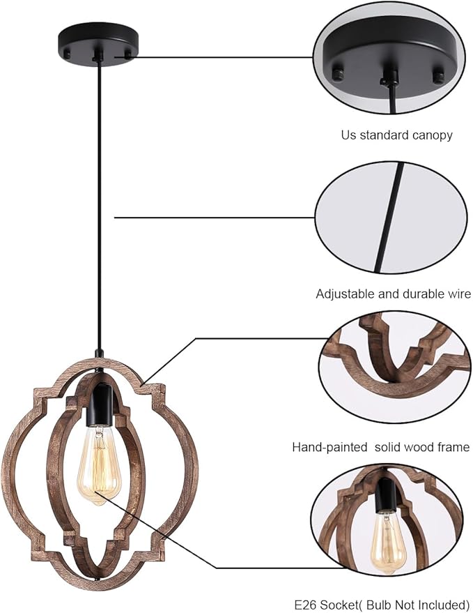 MWZ 3 Pack Farmhouse Pendant Lights Kitchen Island,Rustic 1-Light Small Distressed Wood Chandelier Light Fixture for Dining Room,Adjustable Hanging Light Fixture for Living Room Bedroom Foyer