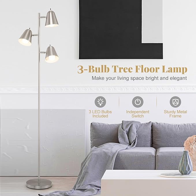 Tangkula 3-Light Floor Lamp, 64" Mid Century Modern 3 Light Tree, Standing Tall Pole Lamp with 3 A19 LED Bulbs and Adjustable Heads, 3 E26 Base, Reading Light for Living Room & Bedroom (Silver)