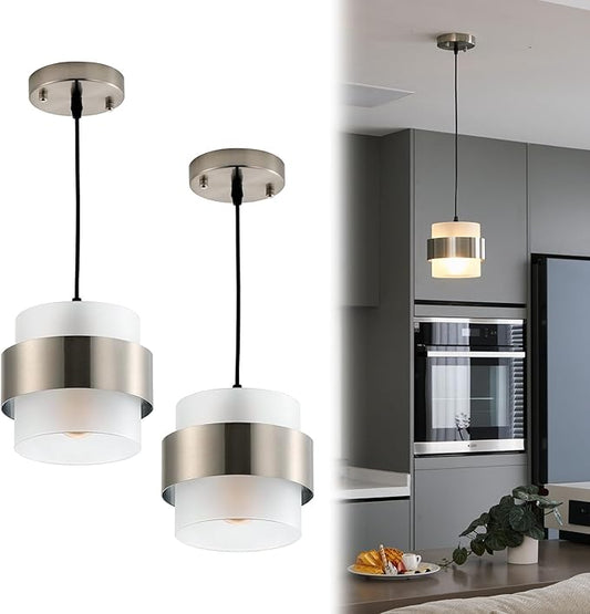 Pendant Lights Kitchen Island Lighting, 2 Pack 7 Inch Mini Glass Haning Lights for Entrance Aisle Decorative Lighting Fixture for Dining and Bar Table (Brushed Nickel with Frosted White)