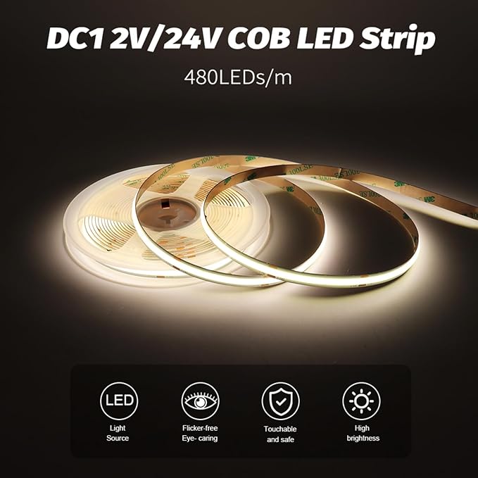 COB LED Strip Light, IP30 DC24V 3000K High Density Uniform Light 480LEDs/M Super Bright CRI>90 16.4ft Tape Dotless Cuttable Flexible for Cabinet Home Indoor DIY Lighting (No Power or Controller)