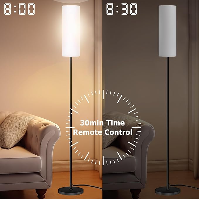 Smart LED Floor Lamp with APP Control & RGB Colors - Dimmable Standing Lamp for Living Room, Bedroom, Gaming - Remote, Timer, 9W Bulb Included, 67" Modern Tall Lamp (black pole + white shade)