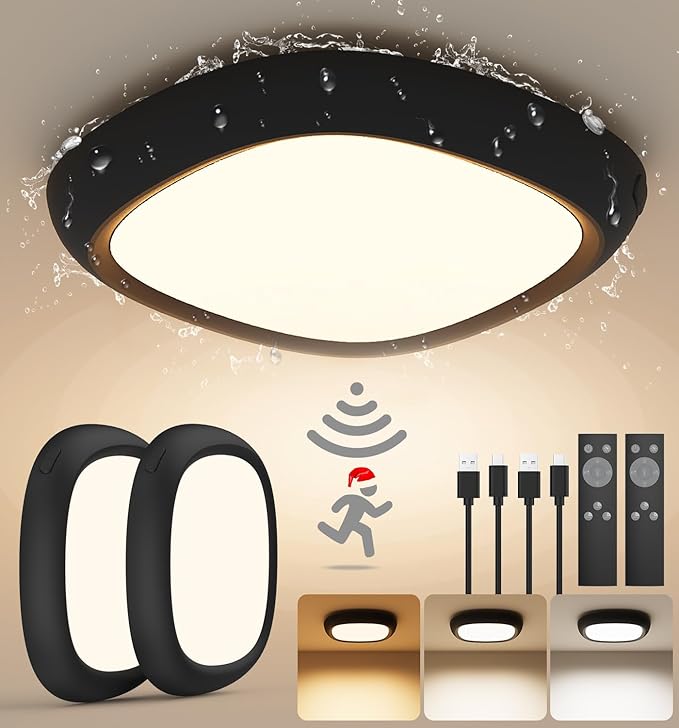 2 Pack Motion Sensor Rechargeable Ceiling Light with Remote, IP54 Waterproof 12000mAh Wireless Shower Light, Battery Operated Closet Light Sensored Indoor LED Overhead Lighting No Wiring for Garage