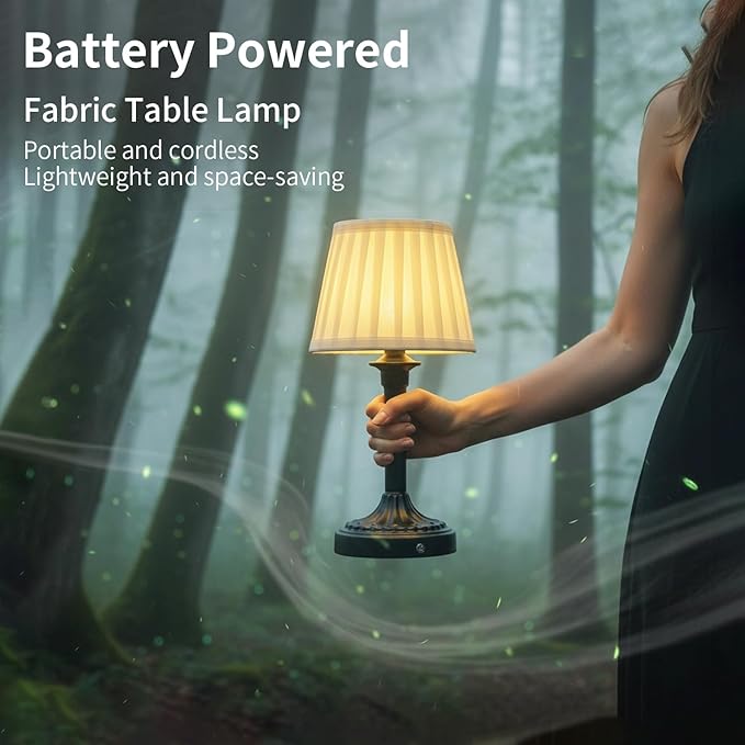 Cordless Table Lamp,Portable Fabric Shade LED Des Lamps,5200mAh Battery Operated,3 Color Stepless Dimming Up,for Restaurant, Bedroom, Camping, Bar, Coffee Shop, Night Light (Black)