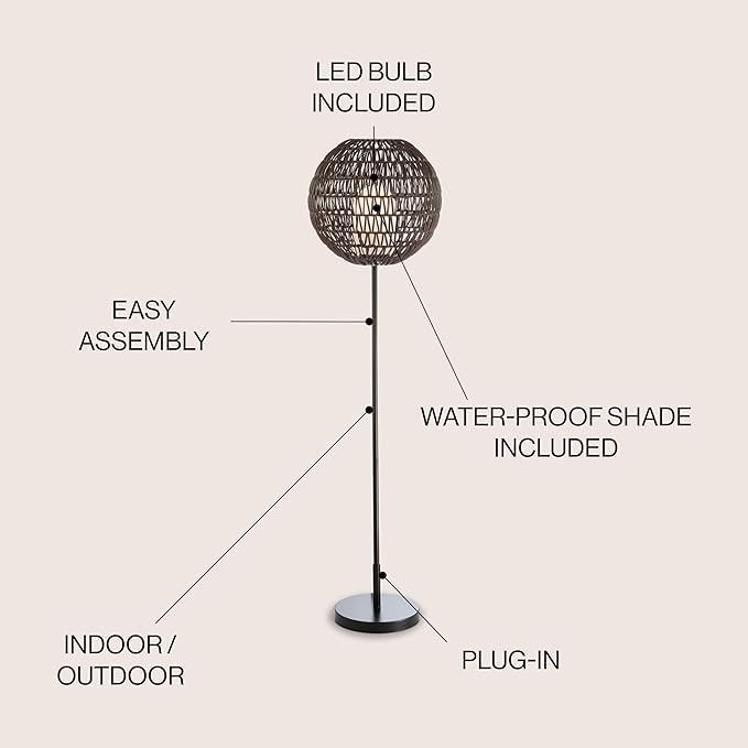 JONATHAN Y 61" Coffee/Black Outdoor Woven Globe LED Floor Lamp, Bohemian Modern Wicker Style Lantern for Patio, Porch and Backyard, Iron Frame, LED Bulb Included JYL6507A