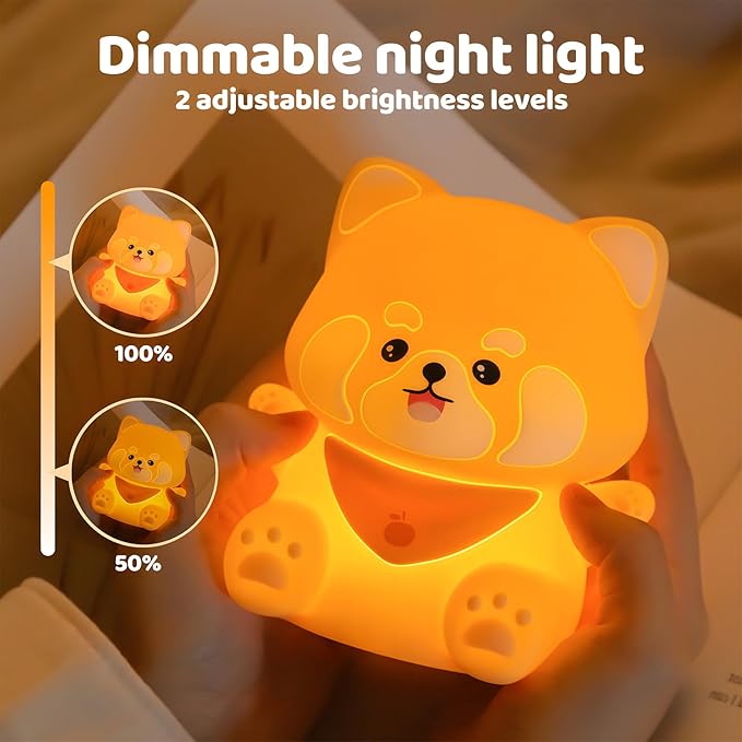 Red Panda Night Light, Squishy Silicone Lamp for Kids - Tap Control 2 Brightness, 50H Battery & Auto Timer, Cute Women Gifts for Boys Girls, Bedside Nursery Desk Decor