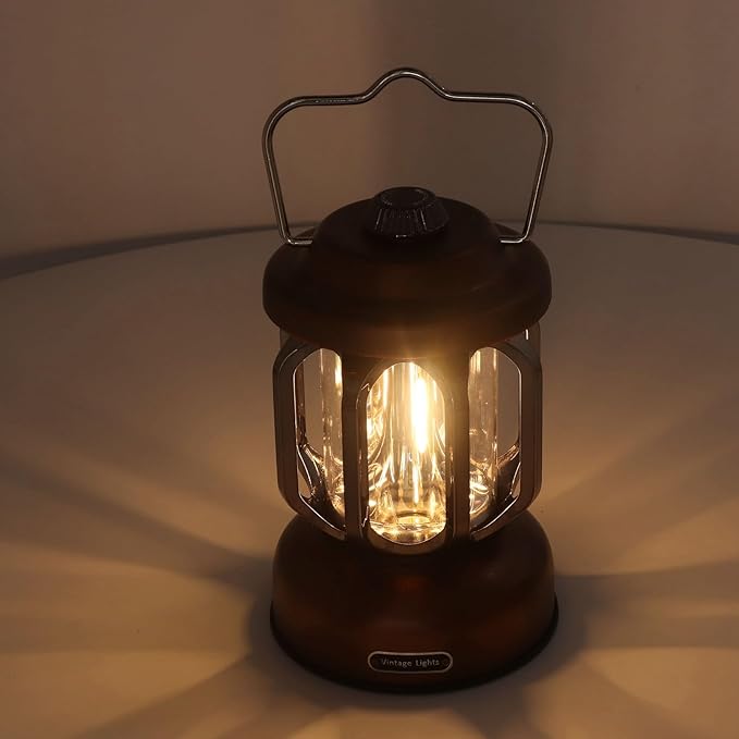Retro Camping Lantern, Rechargeable LED Tent Lamp with 3 Light Modes, Dimmable Vintage Camping Light with Hook, USB Type C Portable Lantern for Garden Outdoor (Brown)