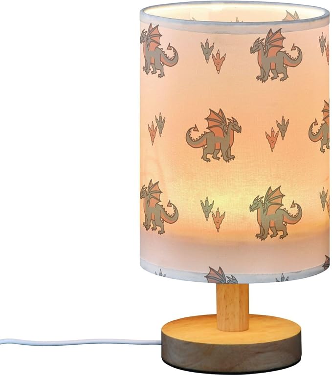 Table Lamp Dragon with Paw Print Nightstand Lamp with Wood Base Fabric Lamp Shade Bedside Desk Lamp for Living Room Bedroom Kids Room Office