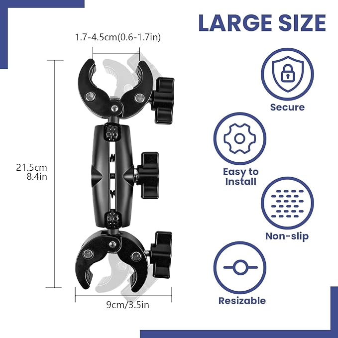 Double Ball Head Camera Clamp - Adjustable Mounting Bracket with Pliers-Style Grips for Photo Studio Equipment, Light Stands, Reflectors, Monitors, and Golf Cart Crossbars（6-9inch）