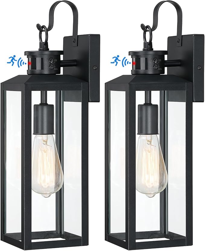 17'' Motion Sensor Outdoor Lights Wall Mount, Dusk to Dawn Exterior Light Fixture, Waterproof Anti-Rust Porch Light Outside Wall Lights for House, Black Wall Sconce Lanterns with Clear Glass, 2 Pack