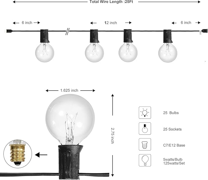 Abeja 25Ft Outdoor Patio String Lights, G40 Outdoor Globe String Lights with 27 Clear Bulbs, Hanging Light for Porch Backyard Deck Bars Wedding Indoor Decor, E12 Base, 5W Black Wire