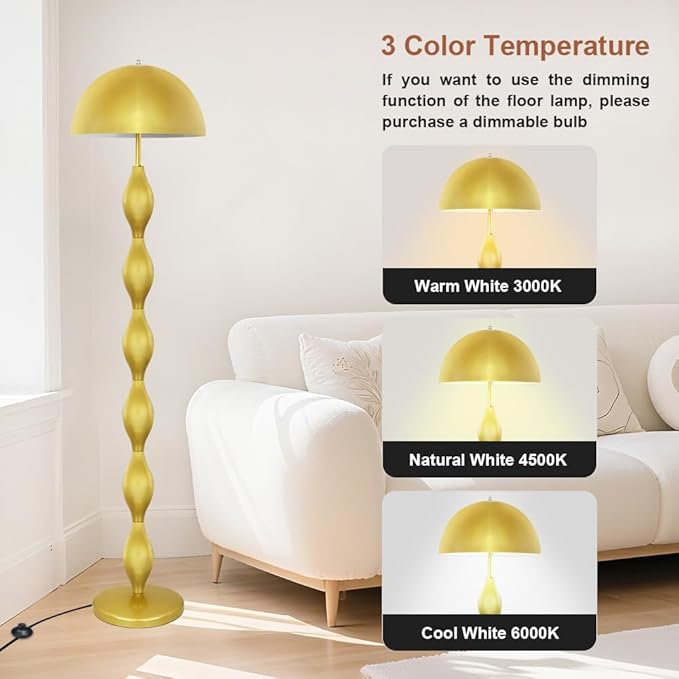 Vintage Creative Mushroom Lamps for Living Room,63" Unique Led Floor Lamp Gold,3 Colors Modern Tall Standing Light,Minimalist Reading Light for Dining Room,Office,Bedroom