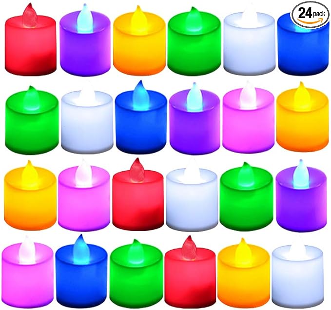 LANKER 24 Pack Flameless Tealight Candles, 7 Color Changing Battery Operated Led Tea Lights, Electronic Fake Candles, Decorations for Wedding, Party, Christmas, Halloween (7 Color Changing)
