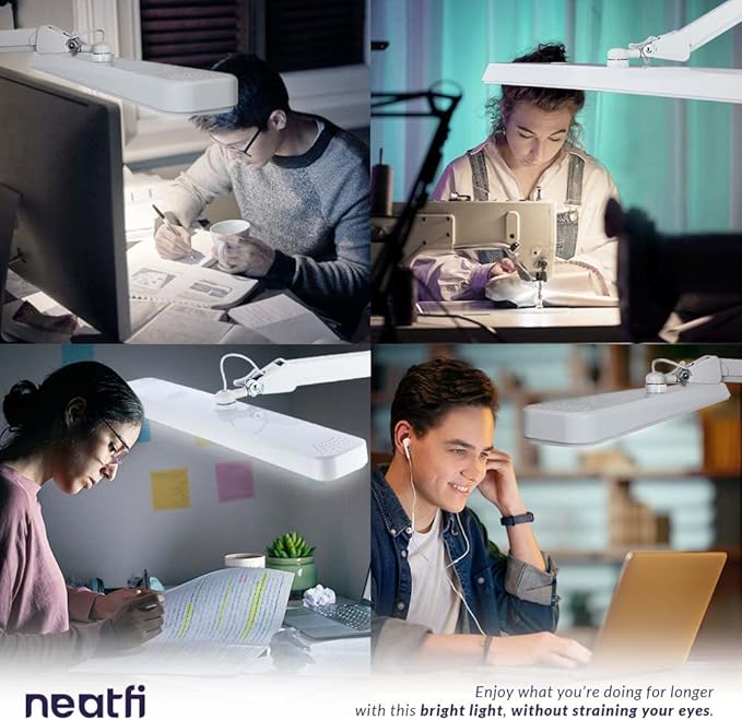 Neatfi Task Lamp – 2,500 Lumens, 30W, 22-Inch Wide Shade, 4 Brightness Levels, Eye-Caring Light, LED Task Light for Manicure Table, Crafts, Workbench, Office (Non-CCT with Base, White)