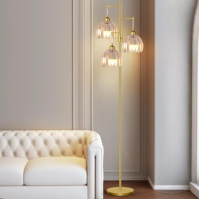 Gold Floor Lamps for Living Room Vintage Floor Lamp with Glass Lmapshape & Led Bulb,Dimmable Floor Lamps Brass Mid Century Modern Standing Lamp Tall Tree Flower Floor Lamp for Bedroom,Office,Corner