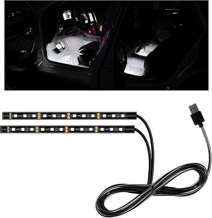 Car LED Strip Light, 12V 24 LEDs Auto Interior Atmosphere Lamp with USB Port, Vehicle Under Dash Ambient Neon Night Light Decorative Strip, Universal Car Accessories (White)