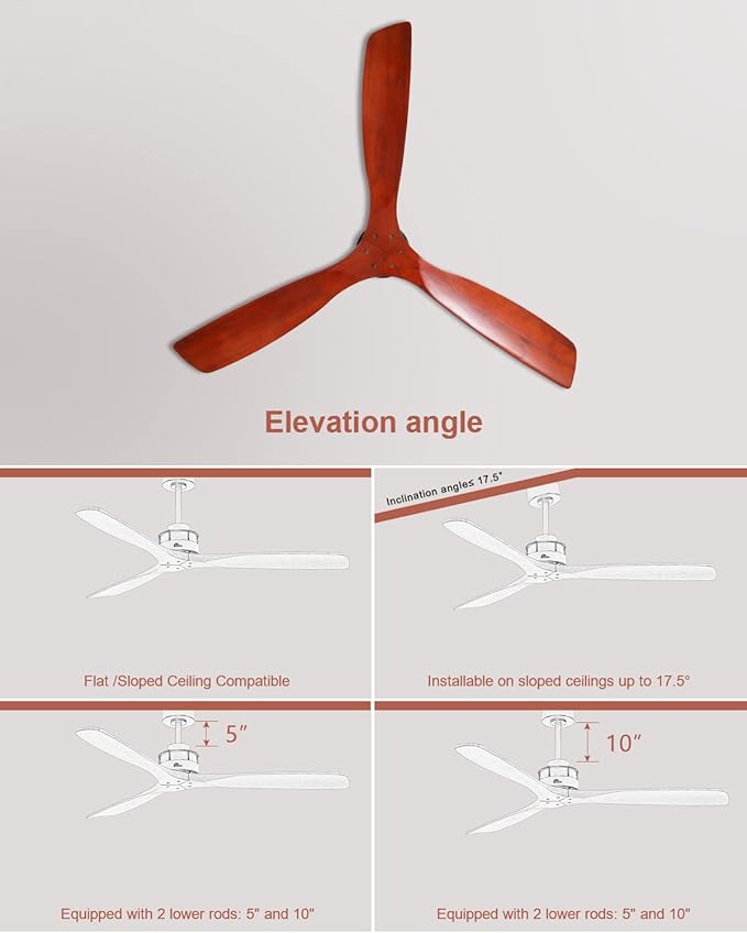 60 Inch Walnut Ceiling Fan with Remote Contro, 3 Wood Blade Ceiling Fans Without Lights, Ceiling Fan No Light with Timer, Noiseless Reversible DC Motor for Indoor Outdoor Farmhouse