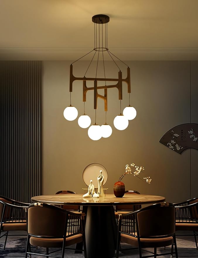 Large Black Farmhouse Wood Chandelier, 6-Lights Rustic Dining Room Light Fixtures Over Table Hanging, Industrial Milk Glass Globe Chandelier for Kitchen Island Living Entryway Stairwell