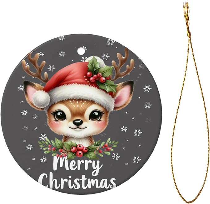 Christmas Happy Deer Christmas Ornaments, Christmas Decorations Xmas Tree Hanging Ornaments, Round Ceramic Festive Keepsake Gift for Xmas Decorations Holiday Home Decor