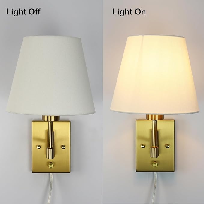 SAMTEEN Gold Plug-in Wall Sconces Set of Two Beige Shade Brass Swing Arm Wall Lamp with Plug-in Cord Wall Mount Light for Bedroom Living Room