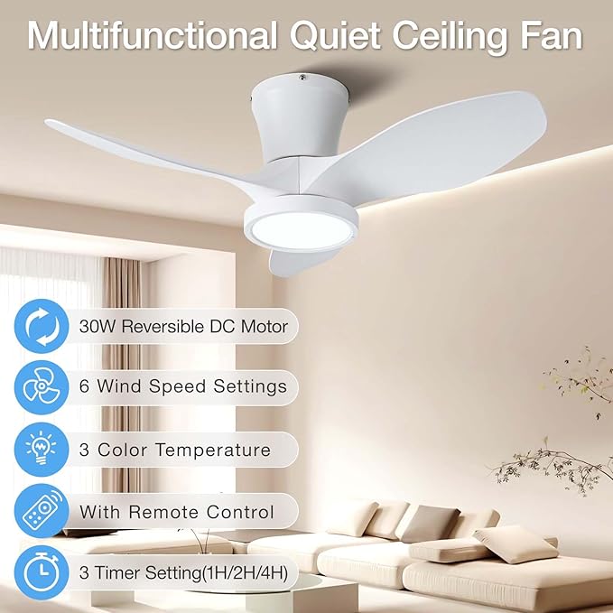 ocioc Quiet Ceiling Fan with LED Light DC Motor 32 inch Large Air Volume Remote Control White