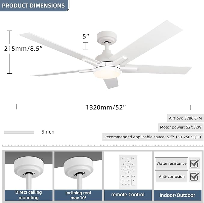 Ceiling Fans with Lights, 52 inch White Ceiling Fan with Light and Remote Control, Reversible, 3CCT, Dimmable, Noiseless, Small Ceiling Fan for Bedroom, Indoor/Outdoor Use