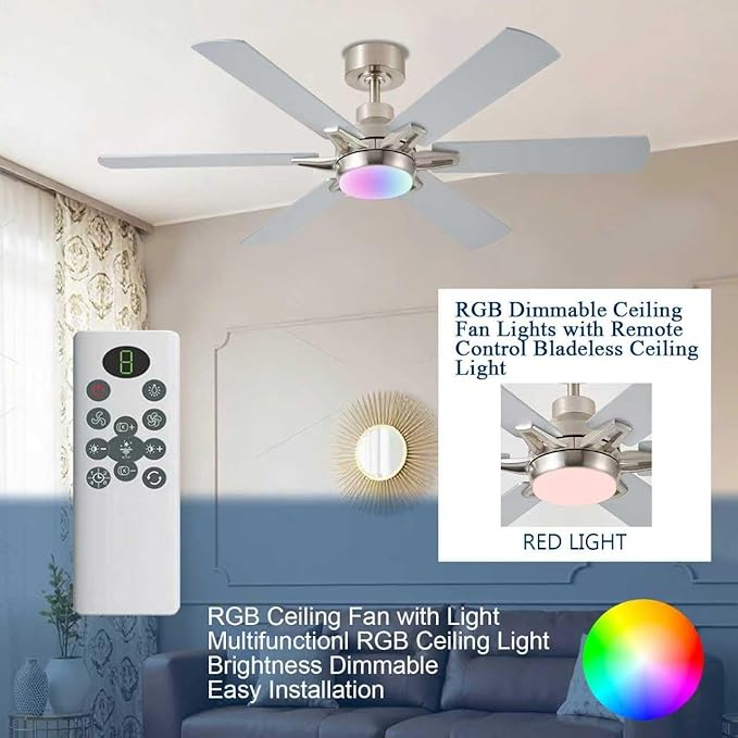 52in Ceiling Fans with Lights RGB Ceiling Fan with Light and Remote/APP Control,Low Profile Ceiling Fans with Lights for Bedroom,Living Room,Kids Room,3CCT Dimmable Modern Ceiling Fan, 6 Speeds,Nickel