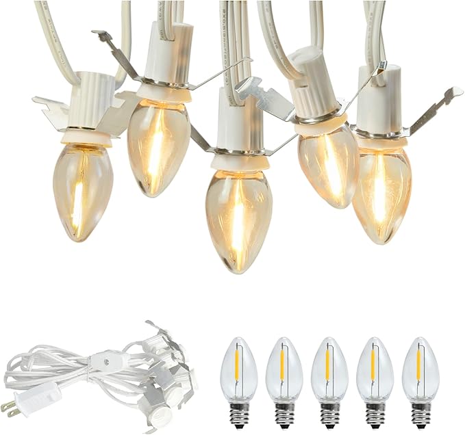 C7 String Bulbs Christmas Village Light Accessory Cord 5 Base with 5 LED Light Bulb Universal Clip White Cord with On/Off Spare Fuse Switch Plugs for Decorations Christmas Village House