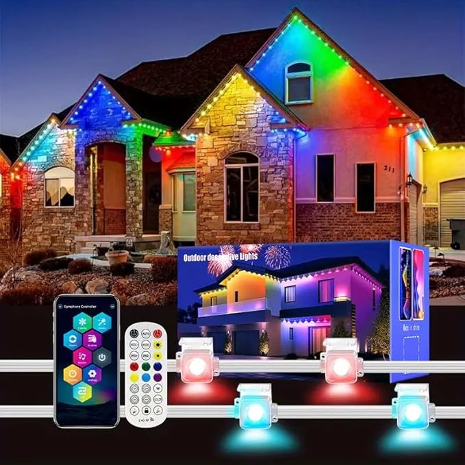 Permanent Outdoor Lights, 100FT RGB LED Smart Eaves Lights with 60 LEDs, IP67 Waterproof, Remote/APP Control, DIY Scene Modes, Music Sync Lighting for Party, House, All Holiday Decorations
