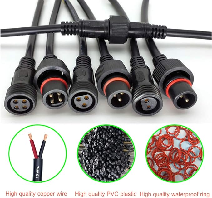 Waterproof Connector 2 Wire,16AWG 2Pin Male Female Plug LED Connector with IP65,20CM Extension Cable for Car,LED Strip Lights (5Pairs)