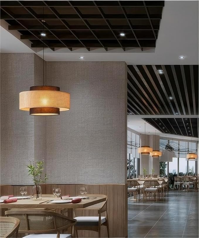 LIGHTLAND Rattan Farmhouse Pendant Light Fixture, Hand Woven Dining Room Pendant Light with Fabric Shade, Rustic Pendant Hanging Light Fixture for Kitchen Island Rattan Pendant Lighting 20''