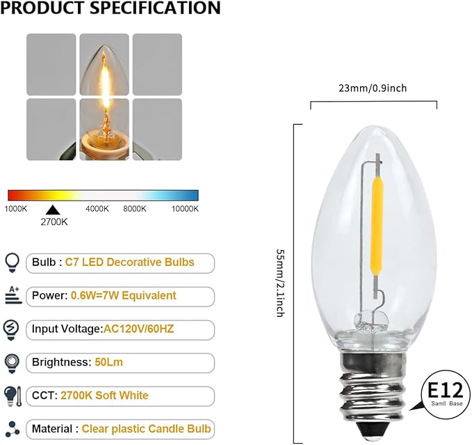 2-Pack Accessory Cord with 2 C7 LED Night Light Bulb, Candelabra-Base E12 Socket White Cord with On/Off Switch Plugs, for Holiday Decorations, Christmas Village House, Pumpkin Lights
